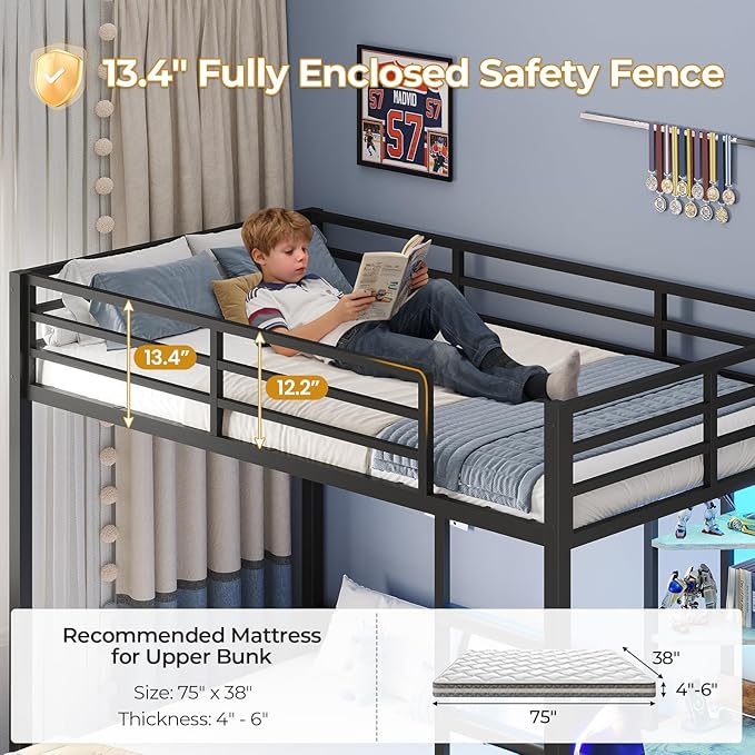 ADORNEVE Twin Over Full Bunk Bed with Desk, Bunk Beds Twin Over Full Size with Charging Station & Led Lights, Storage Drawers & Shelves, Loft Bed with Safety Guardrail & Ladder for Kids/Teens, Black