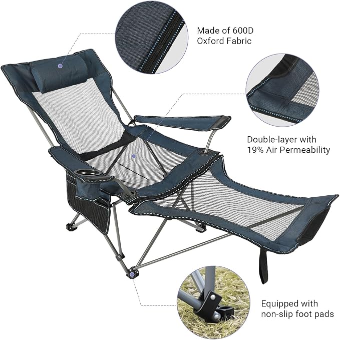 Portable Beach Mesh Lounge Chair Folding Reclining Camping Chair with Removable Footrest, Headrest, and Adjustable Backrest for Adults for Outdoor, Camping, Beach, Lawn