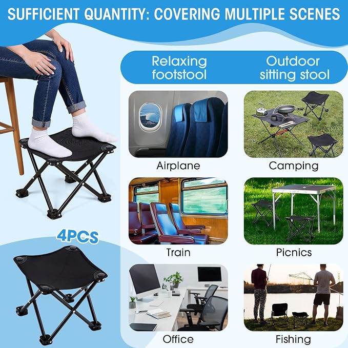 Ripeng 4 Pcs Portable Airplane Travel Foot Rest, Folding Camping Stool, Under Desk Foot Rest at Work for Long Flight, Home and Office Outdoor Hiking Fishing with Carry Bag (Black)