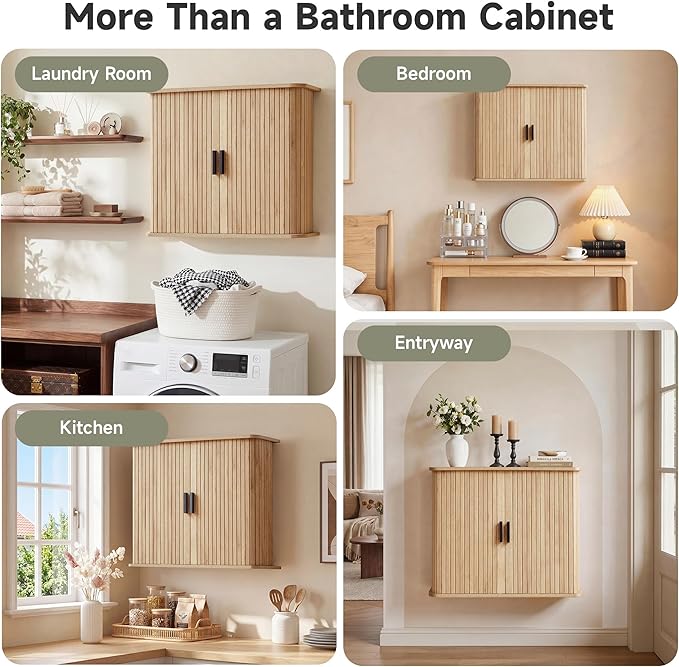 weselon Fluted Wall Mounted Bathroom Cabinet with Sliding Doors, Medicine Cabinet Storage for Over the Toilet, Space Saver Organizer for Small Bathroom Laundry Kitchen (Natural)