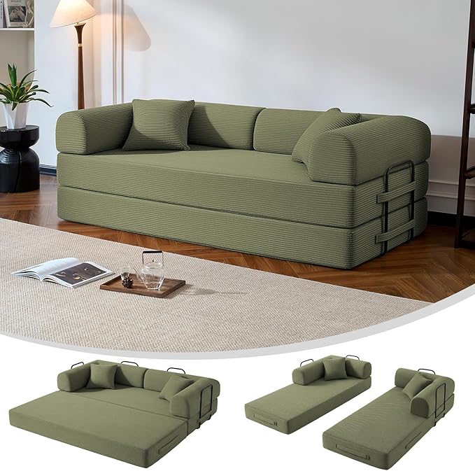 79" Compressed Sofa, Convertible Sofa Bed, Corduroy Compression Boneless Couch with Pillow, Comfy Modular Foldable Floor Sleeper Sofa for Bedroom, Living Room, Lounge, Studio (Light Green)