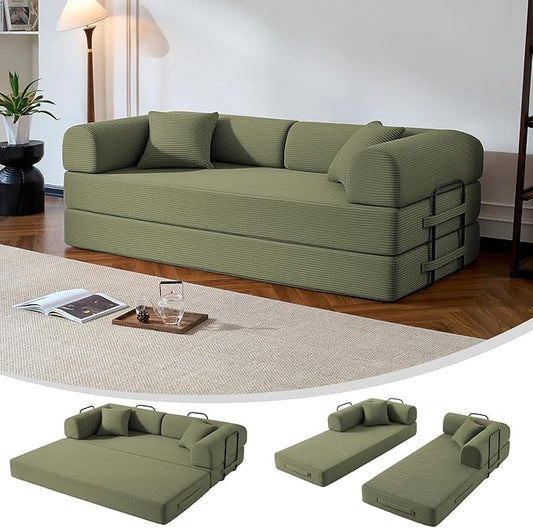 79" Compressed Sofa, Convertible Sofa Bed, Corduroy Compression Boneless Couch with Pillow, Comfy Modular Foldable Floor Sleeper Sofa for Bedroom, Living Room, Lounge, Studio (Light Green)