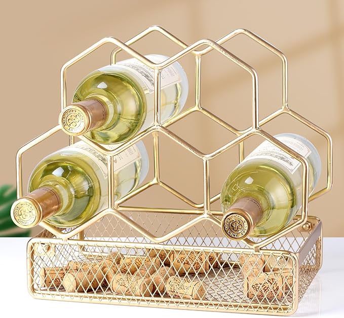 Countertop Wine Rack - 6 Bottle with Cork Storage Freestanding Modern Gold Metal Wine Rack - Tabletop Wine Holder Stand for Cabinet, Pantry, Wine Bottle Storage…