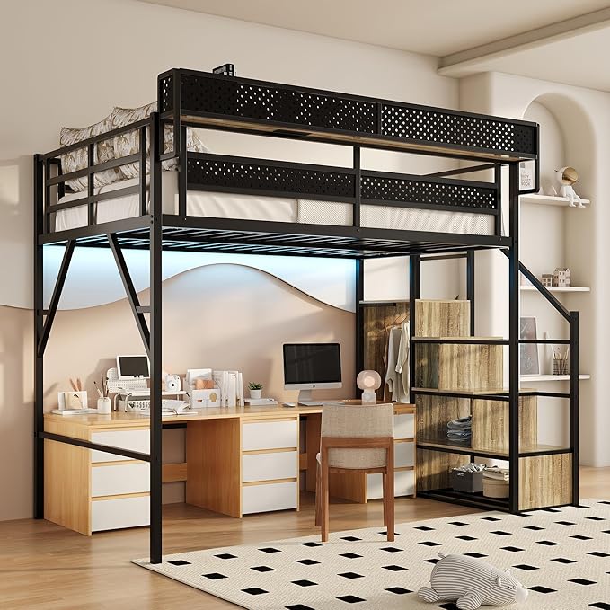 Full Size Metal Loft Bed with Storage Shelf Built-in USB Port, Heavy Duty Loft Bed w/Storage Stairs & Wardrobe+ LED Lights for Bedroom, Large Under-Bed Area, Noise Free, No Box Spring Needed