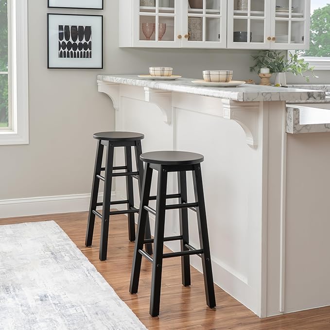 Linon Zeke Black Solid Wood Backless Round Barstool with 29 inch Seat Height