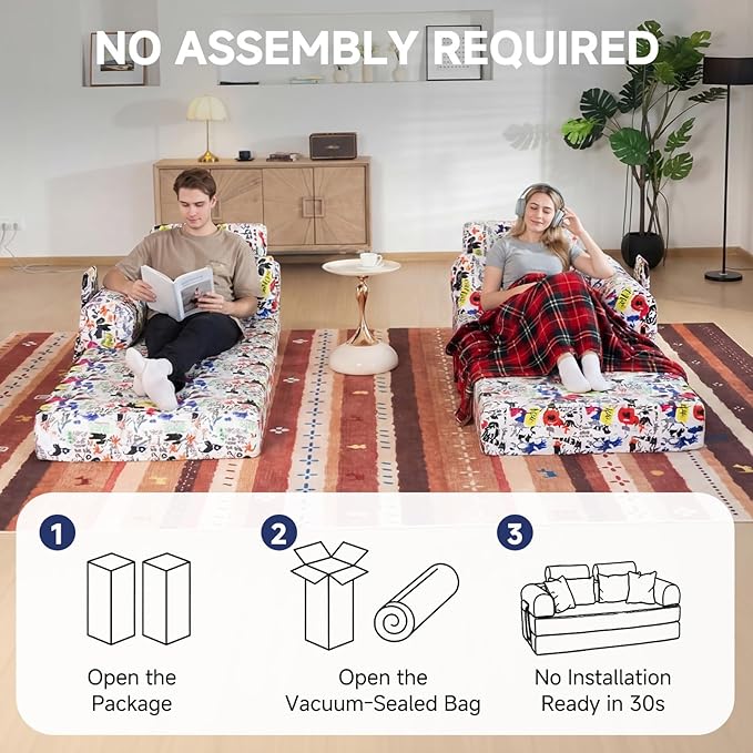 79" Convertible Boneless Couch for Small Spaces, 6-in-1 Corduroy Sofa Bed with High Backrest, Pillows, High-Density Foam Loveseat Sleeper Couch in a Box for Living Room, No Assembly, Graffiti A
