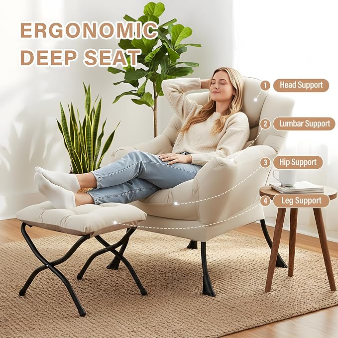 Furlide Lazy Chair with Ottoman, Comfy Fabric Accent Lounge Arm Chair with Lumbar Pillow and Folding Footrest, Reading Leisure Sofa Chair for Bedroom, Living Room, Dorm,Beige