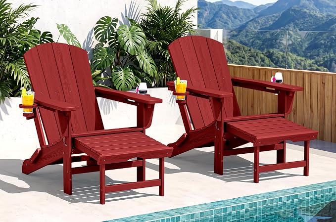SERWALL Folding Adjustable Adirondack Chairs with Footrest Set of 2, HDPE Outdoor Chair with Dual Cup Holders, All Weather Adirondack Chair with Ottoman, Red