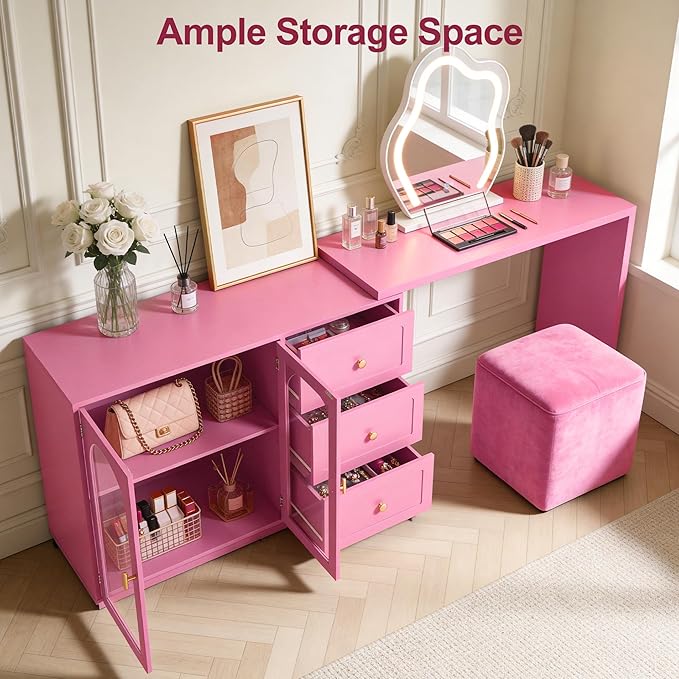 RoyalCraft 83" Makeup Vanity Desk, Pink Vanity Dresser, L Shaped Corner Vanity Table with 3 Drawer & 2 Door, Modern Extendable Dressing Table for Bedroom, Dressing Room, Small Space (Without Mirror)