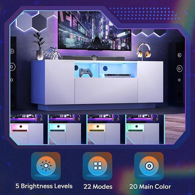 WLIVE TV Stand with LED Lights & Large Storage Cabinet, Modern Entertainment Center for 32/43/50/55 Inch TVs, Sturdy Media Console for Living Room, Bedroom, Gaming, White