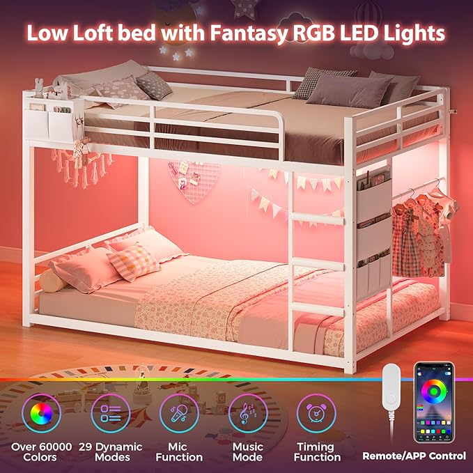 UPOSOJA Bunk Bed Twin Over Twin Bed Frame with LED Lights, Metal Bunk Bed with 13" Guardrail & 3-Step Ladder, Space Saving for Kids and Teen, White