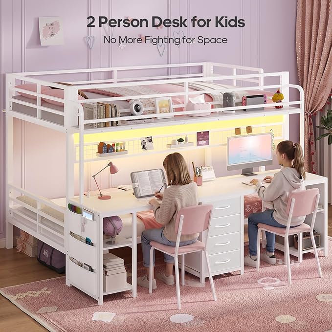ADORNEVE Bunk Bed Twin Over Twin with 2 Person Desk, LED Lights Twin Bunk Bed with 4 Drawers,Storage Rack, 4 Shelves and Power Outles,Metal Twin Bunk Beds with Guardrail for Kids/Teens Bedroom, White