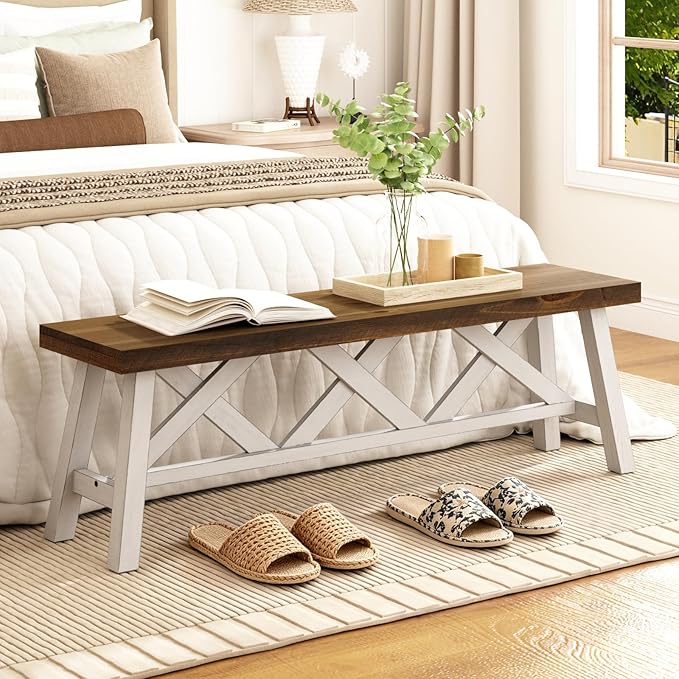 Wnutrees 54" Farmhouse Wood Bench, Rustic Solid Wood Entryway Bench Seat with Double X-Structure for Dining Area Living Room Hallway, Structural Stability, White