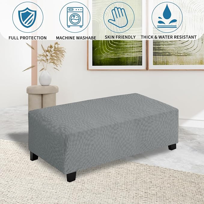 ZNSAYOTX 2026 Rectangle Ottoman Cover (L:57"-75") Super Stretch Soft Footrest Slipcover Form Fit, Universal Folding Foot Stool Covers with Non-Slip Elastic Band, Fashion Jacquard Texture, Light Grey