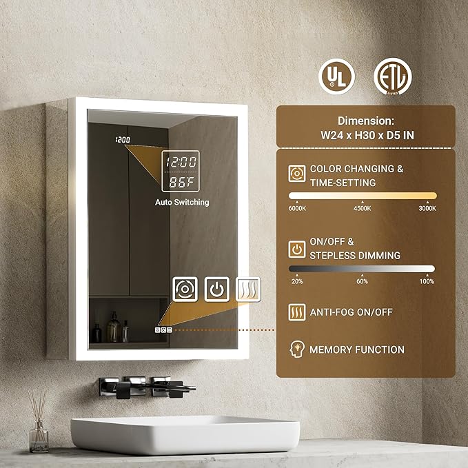 Lighted Medicine Cabinet with Mirror & Clock -24x30 Surface or Recessed Aluminum Medicine Cabinet with Dimmable Light & Outlet, Anti-Fog, Built-in Sensing Light, Assembly-Free