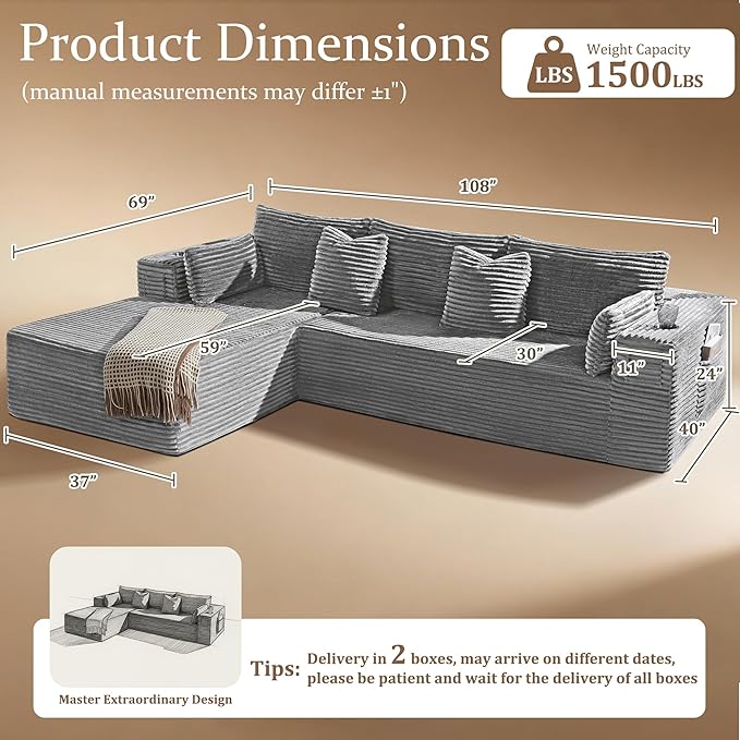 108" Oversized Cloud Sectional Couch, Comfort L Shaped Boneless Couch for Living Room, Extra Deep Seats No Assembly, Minimalist Modular Sofa, Corduroy (Light Grey, 2 Seater+Left Facing Chaise)
