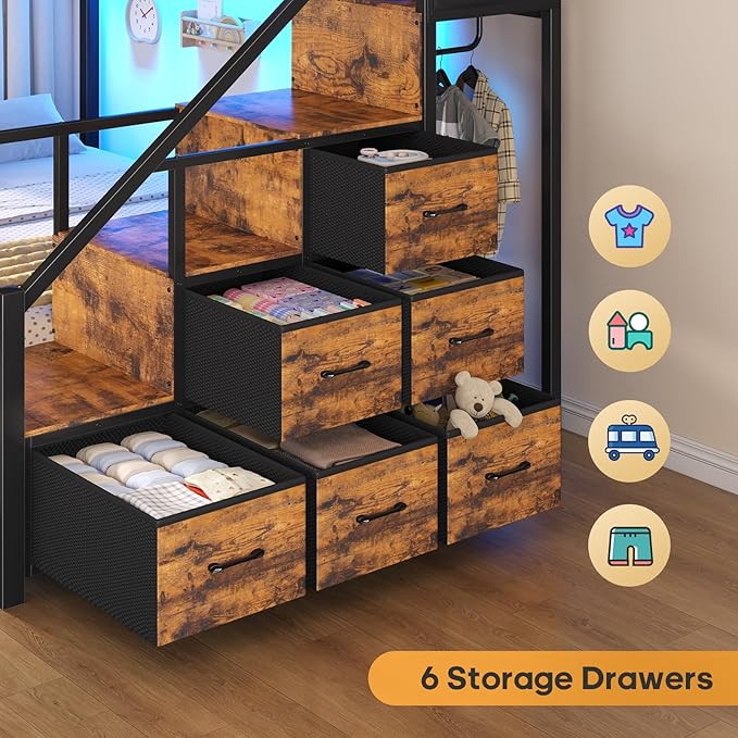 BTHFST Bunk Bed Full Over Full with Stairs, LED Lights Full Bunk Beds with 2 Storage Drawers & 6 Fabric Drawers, Metal Full Loft Beds with Safety Guardrail & Stairs, Space Saving, Rustic Brown