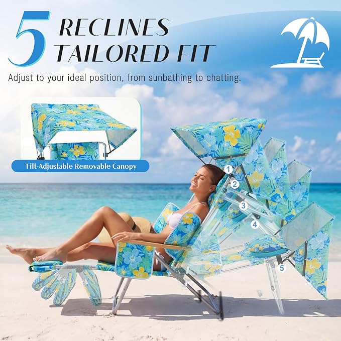 5-Positon Backpack Beach Chair, Portable Folding Tanning Chair, Double Shoulder Straps Beach Lounge Chair with Footrest, Face Hole, Towel Bar for Camping (Yellow Green, 60.6" with Canopy)