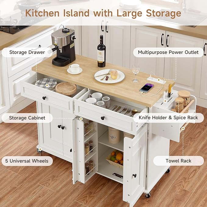ONBRILL 58" Mobile Kitchen Island, Kitchen Island Cart with Power Outlet, Island Table for Kitchen, Home Bar Carts with Storage, Kitchen Rolling Island with Spice Rack & Towel Rack & Knife Holder