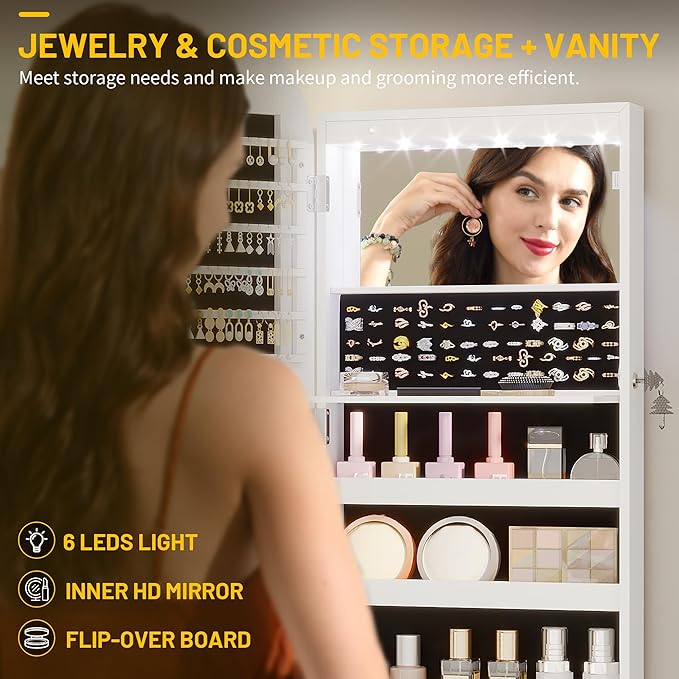 LVSOMT LED Lights Mirror Jewelry Cabinet, Wall Mount/Over the Door Jewelry Armoire Organizer, 42" Full Length Mirror with Storage, Built-in Makeup Mirror, Lockable Mirror Cabinet for Jewelry, White