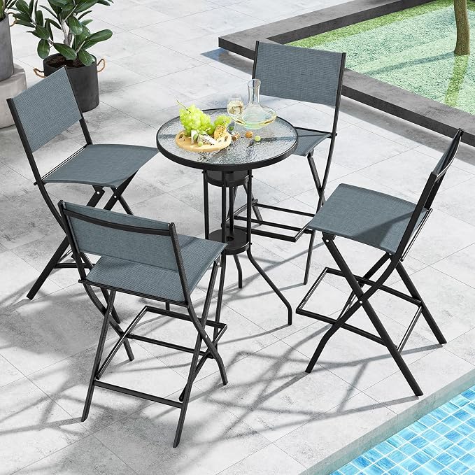 COSTWAY Outdoor Patio Bar Chair Set of 2, Folding Counter Height Stool with Metal Frame & Footrest, Patio Bar Stool for Balcony, Garden & Poolside (2, Blue)