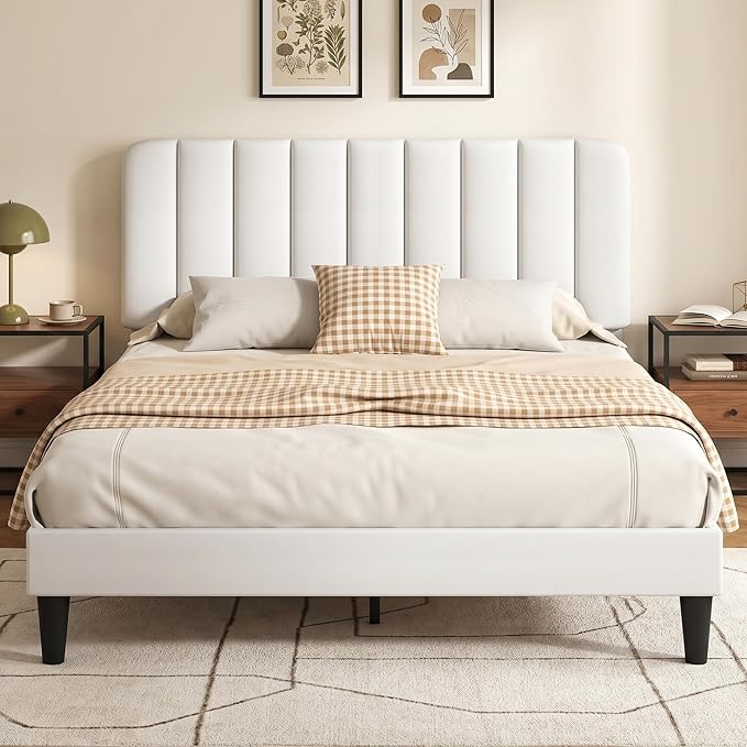 VECELO Queen Size Bed Frame with Upholstered Headboard, Velvet Platform Bedframe Mattress Foundation, Strong Wood Slat Support, No Box Spring Needed,White