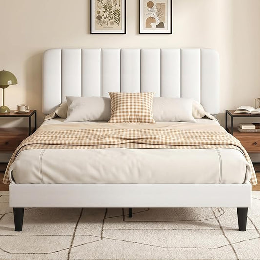VECELO Full Size Bed Frame with Upholstered Headboard, Velvet Platform Bedframe Mattress Foundation, Strong Wood Slat Support, No Box Spring Needed,White