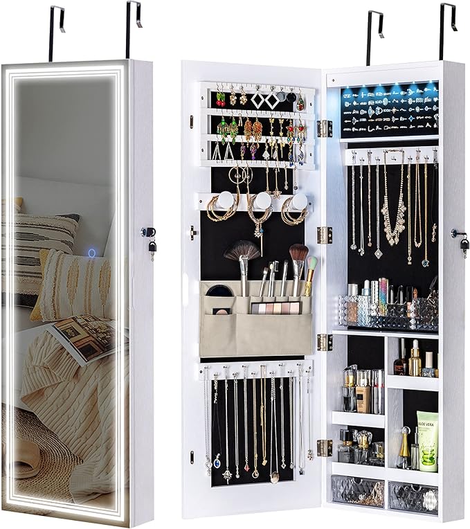 Tektalk Jewelry Cabinet with 3 Groove Mirror Lamps, Full Length Mirror, Wall/Door Mounted Jewelry Armoire Organizer with 3 Color Outside LED Lights & Interior 6 LEDs Light - White