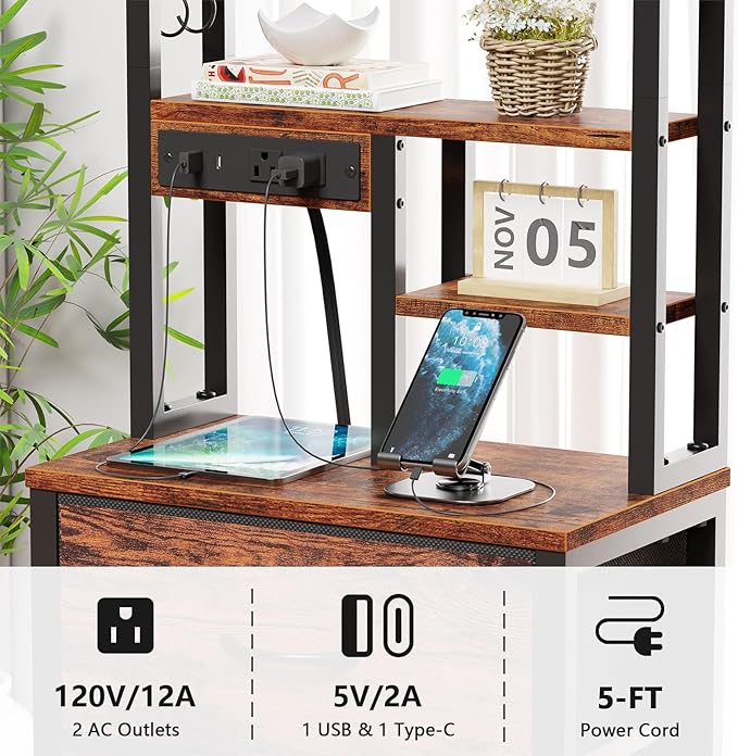 Furnulem Night Stand Set 2, LED Nightstand with Charging Station, 3 Fabric Drawers and 4 Tier Storage Shelf, Bedside End Table for Bedroom, Dorm, Office, Rustic Brown