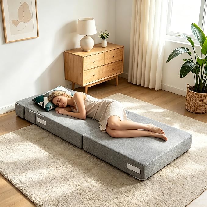 ANONER Folding Sofa Bed Couch Memory Foam Fold Out Chair Bed with Pillow, Single Size Convertible Sofa Bed Futon Sleeper Chair, Light Gray