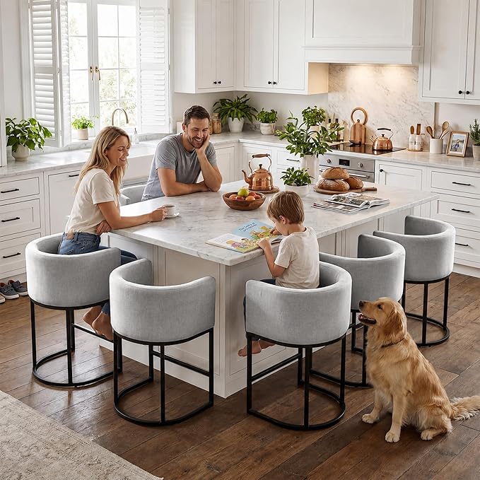 GRUSIGN Chenille Counter Height Bar Stools Set of 2, 26" Kitchen Island Stools with Arms & Footrest, Upholstered Barrel Back Bar Chairs for Kitchen, Dining Room, Bar & Lounge Area, 450 lbs, Grey