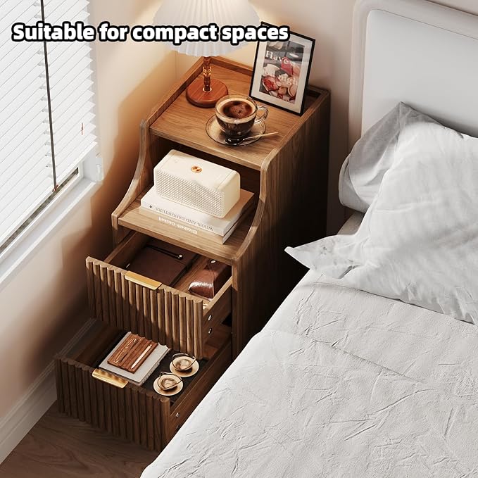 Narrow Nightstand Set of 2,11.8" Fluted Bedside Table Set of 2, Slim Side End Table with 2 Drawers, Wooden Bedside Table, Mid Century Modern Night Stand for Bedroom Livingroom Sofa Office