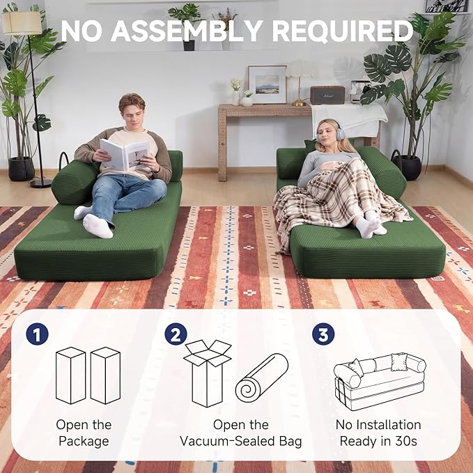 79" Boneless Couches for Living Room, Corduroy Sofa Bed with 2 Pillows,Side Pockets,Hex Arm, 5-in-1 Loveseat Sleeper Sofa for Small Spaces, High-Density Foam Couch, No Assembly, Olive Green