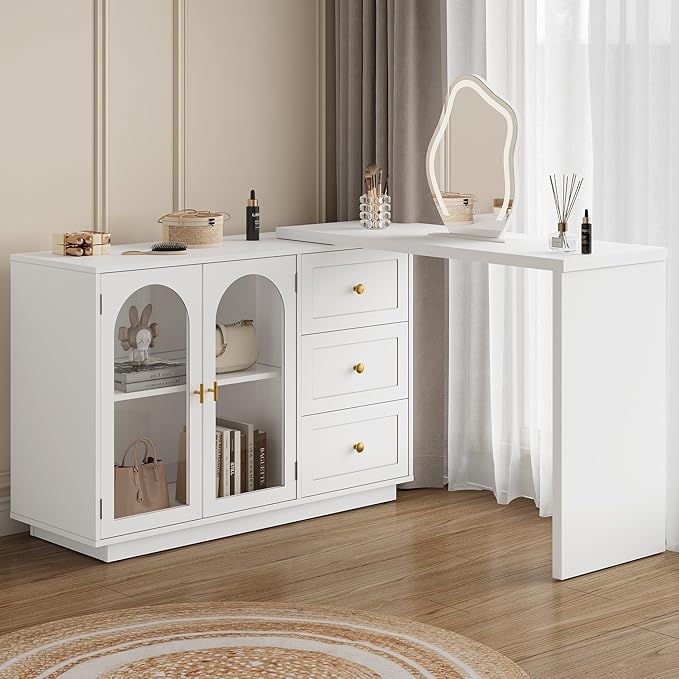 RoyalCraft 83” Large Makeup Vanity Desk, White Corner Vanity Table with 3 Drawer & 2 Door, Modern Extendable Dressing Table, Vanity Dresser Combo for Bedroom, Dressing Room (Without Mirror)
