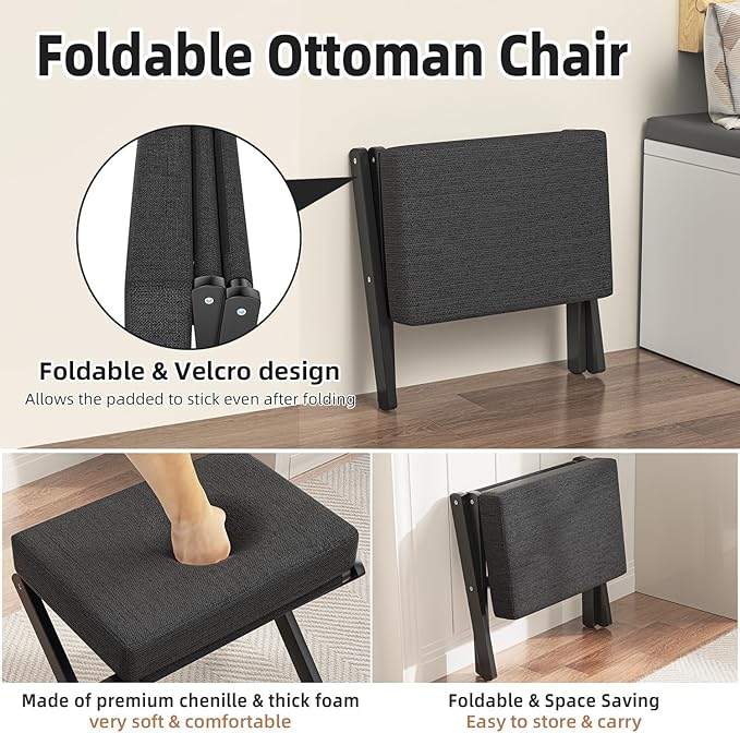 BAMBOOHOMIE Foldable Foot Stool Ottoman, Small Padded Foot Rest with Bamboo X-Legs, Portable Folding Leg Rest for Living Room Bedroom Office, Soft Foam Cushion Step Stool for Couch & Armchair (Black)