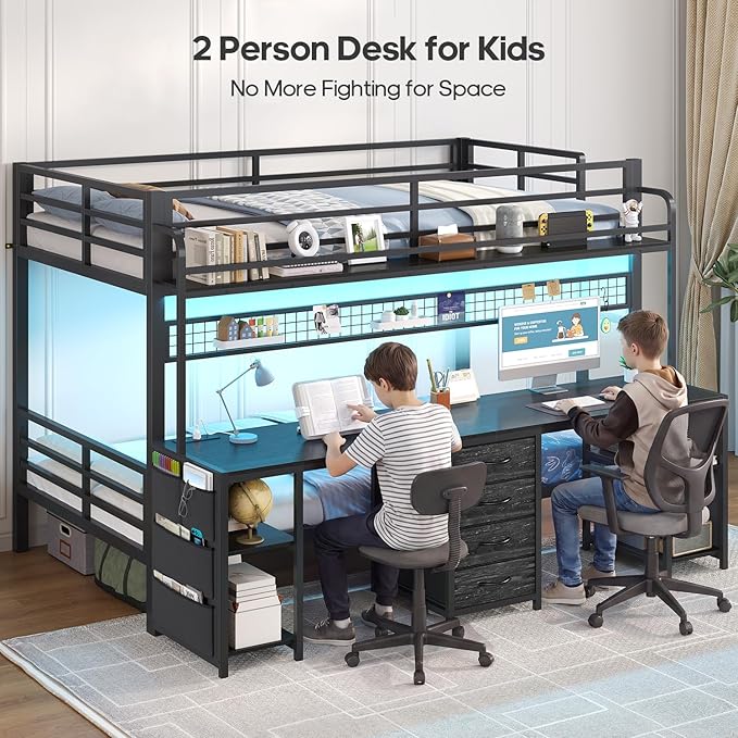 ADORNEVE Bunk Bed Twin Over Twin with 2 Person Desk, LED Lights Twin Bunk Bed with 4 Drawers,Storage Rack, 4 Shelves and Power Outles,Metal Twin Bunk Beds with Guardrail for Kids/Teens Bedroom, Black