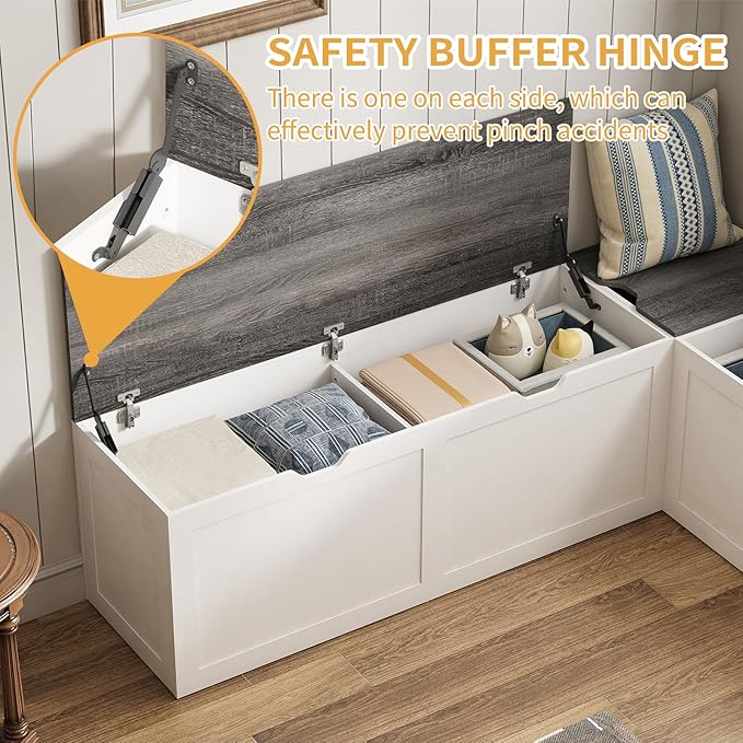L Shape Kitchen Breakfast Nook Bench, Kitchen Corner Nook Bench Seating with Hidden Storage, Corner Dining Bench for Entryway. (Gray + White)