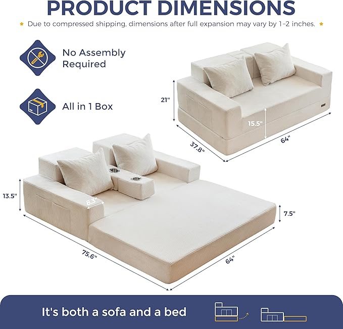 MAXYOYO Loveseat Sofa Bed, 64" Foldable Floor Sofa Couch in A Box with 2 Cup Holders, 4 in 1 Convertible Boneless Couch Folding Recliner Sleeper Chair for Living Room, No Assembly Required, Beige