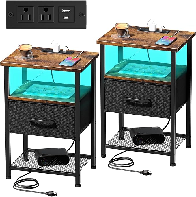LAKEMID Nightstands Set of 2,Night Stand with Charging Station and Drawer,Bedside Table with 20 Colors LED Light Strip,End Table for Bedroom Living Room (Rustic Brown)