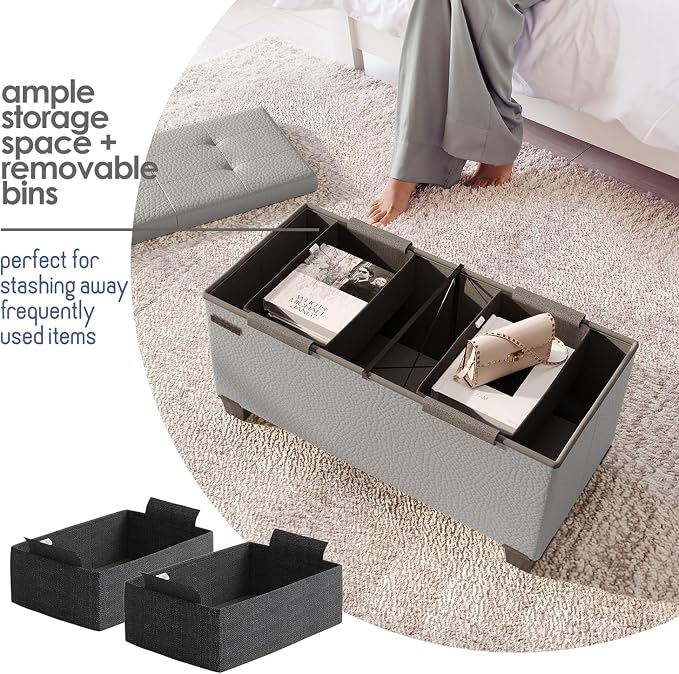 Storage Ottoman Bench with Bins, 30-in Storage Bench for Bedroom End of Bed, Folding Foot Rest Ottoman for Living Room Max 660lbs, Leather Ottomans, Light Grey