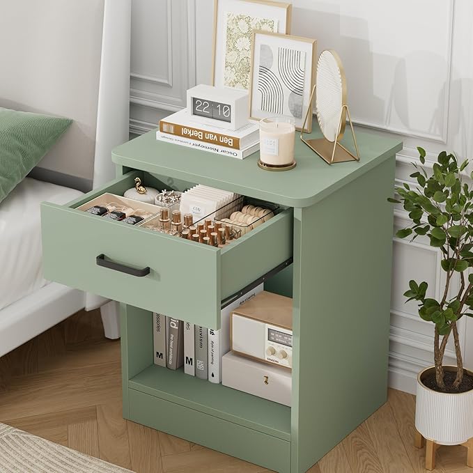 FOTOSOK Nightstand Set of 2, 2-Tier Side Table with Drawer and Storage Shelf, Bedside Table End Table, Modern Night Stand for Bedroom, Home Office, Green