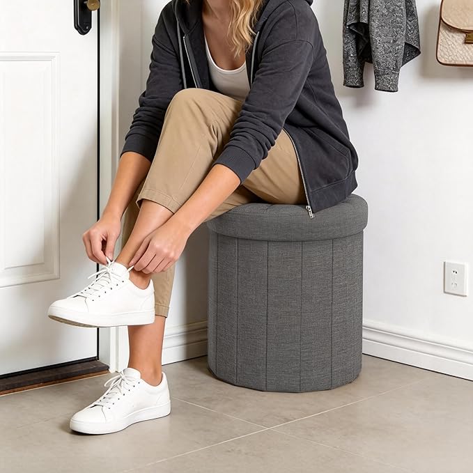 CAROLMADE Round Storage Ottoman,Linen Folding Footrest Stool with Thicker Foam Padded Seat,Versatile Vanity Stool for Living Room,Bedroom or Dorm,Grey
