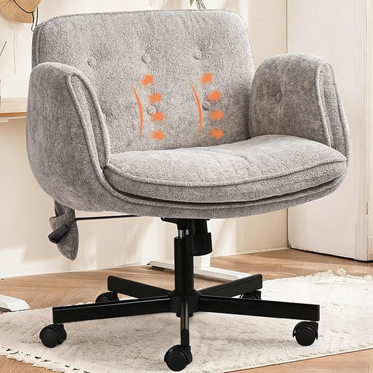 Criss Cross Chair with Lumbar Airbag & Folding Arms Relieve Back Pain, Wide Cross Legged Office Chair for Home Office, Comfy Swivel Desk Chair with Wheels, 5 Level Adjustable Armrest, Chenille(Grey)