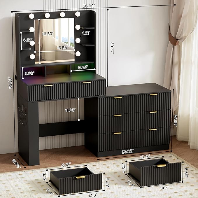 Vanity Desk with Mirror and Lights, Fluted Makeup Vanity with 8 Drawers, Storage Shelves, RGB Light and Power Outlet, Bedroom Dessing Table for Women, Girls, Black,56.7"