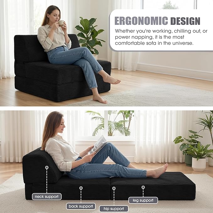 Kasunpul Folding Sofa Bed with Pillow, Memory Foam Fold Out Chair Bed, Convertible Sleeper Chair with Washable Cover, Futon Floor Couch for Living Room/Dorm/Guest Use/Home Office/Apartment, Black