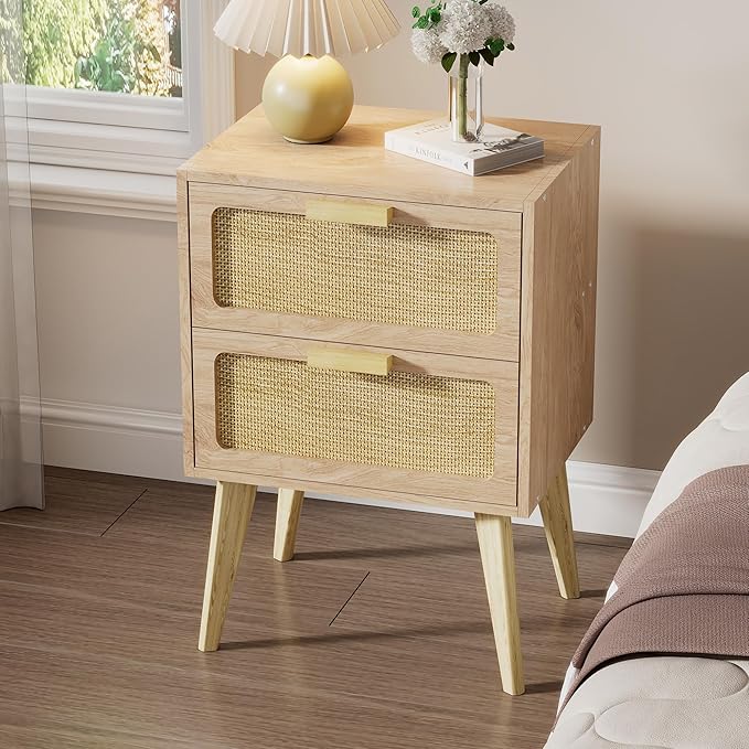 YAUKOMEL Rattan Nightstand, Wood End Table, Side Table with 2 Hand Made Rattan Decorated Drawers,Boho Bedside Table,Wood Accent Table with Storage for Livingroom, Bedroom, Natural CTG59Y