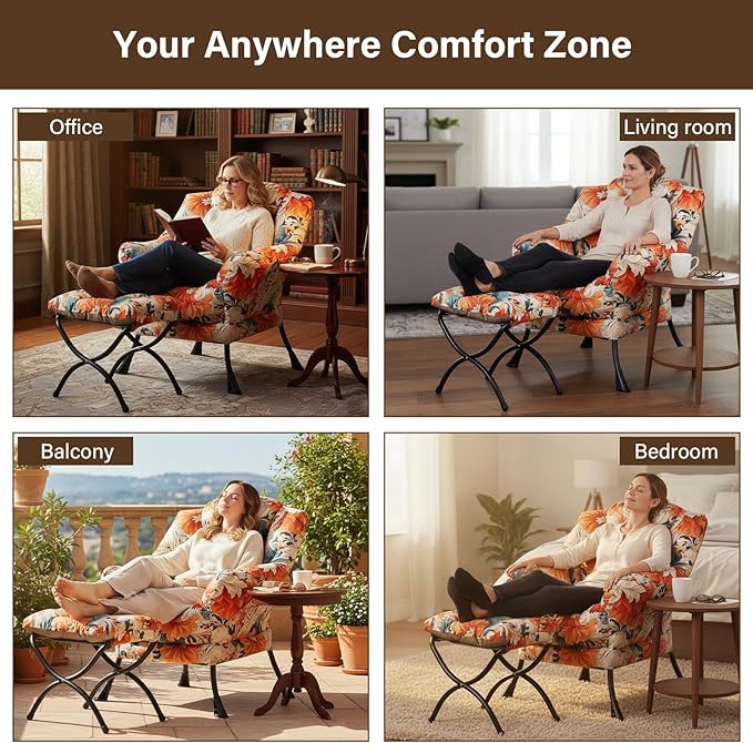 Welnow Lazy Chair with Ottoman, Modern Accent Chair with Armrests and a Side Pocket, Leisure Sofa Armchair Set, Reading Armchair with Footrest for Small Space, Orange Blue