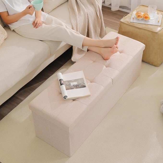 45.3 Inches Storage Ottoman Bench Foldable Seat Footrest Shoe Bench End of Bed Storage with Flipping Lid, 166L Storage Space, Linen Fabric Pink