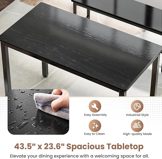 Dining Table Set for 4, Kitchen Table with 2 Benchs, Space Saving Dining Room Table Set for 4 Person, 3 Piece Office Table Set for Small Space, Breakfast Nook, Office, Apartment, Black