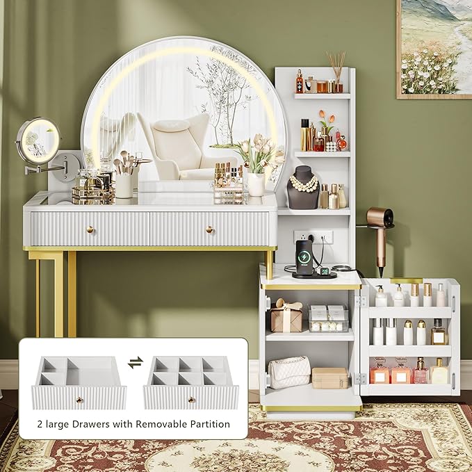 Einhomn Vanity Desk w/5x Magnifying Mirror, Fluted Makeup Vanity w/Mirror and Lights, Glass Top Vanity, Dressing Table w/Power Outlet & Drawers, Adjustable Shelves for Bedroom, Women & Girls, White